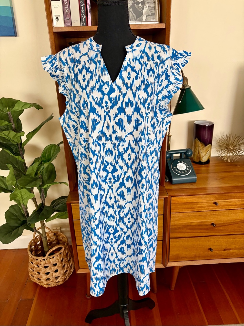 Blue Ikat Print Flutter Sleeve Dress - Women
